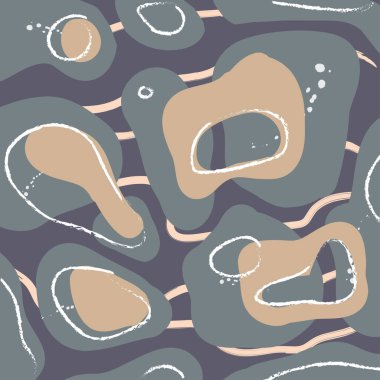 Modern soyut arkaplan. Çağdaş haki, gri, kahverengi, mavi noktalar, şekiller ve çizgiler. Yağlı boya dokusu. El çizimi vektör çizimi. Su ve mücevherler.