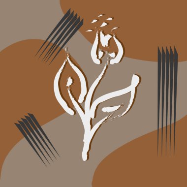 Çağdaş gri arkaplanda kahverengi noktalar ve siyah çizgiler olan şık beyaz çiçek çizimi. Modern lale, soyut el çizimi vektör. Merhaba bahar.