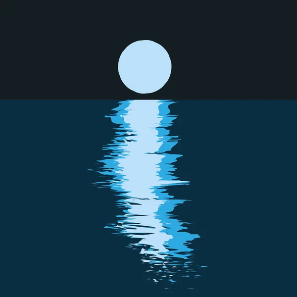 在漆黑的夜晚 满月和月光在水面上荡漾 简单的现代平面插图 蓝色的满月 波浪般的光芒 海洋的地平线 现代手绘矢量图解 Tranquil — 图库矢量图片