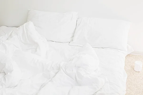 Cozy White Bed Morning White Sheets Pillow Bed Modern White — Stock Photo, Image