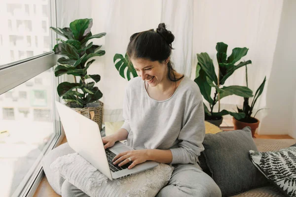 노트북으로 일하는 베개와 식물을 가지고 현대적 사무실 프리랜서와 프리랜서 노트북을 — 스톡 사진