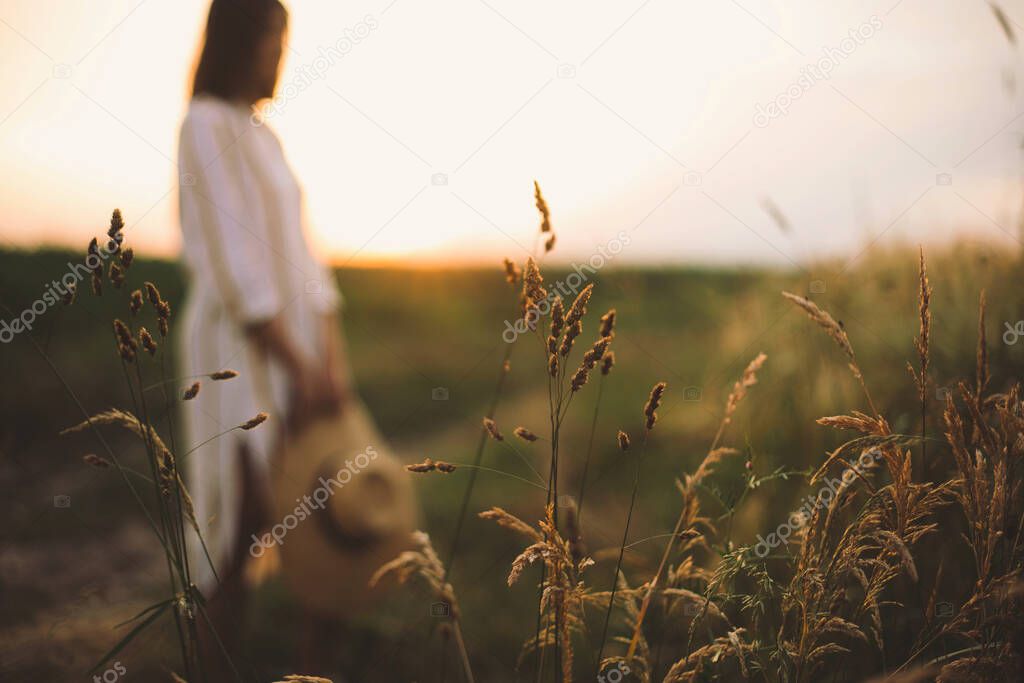 Herbs and grasses in sunset light on background of blurred woman in summer meadow. Wildflowers close up in warm light and rustic girl relaxing in evening in countryside. Tranquil moment