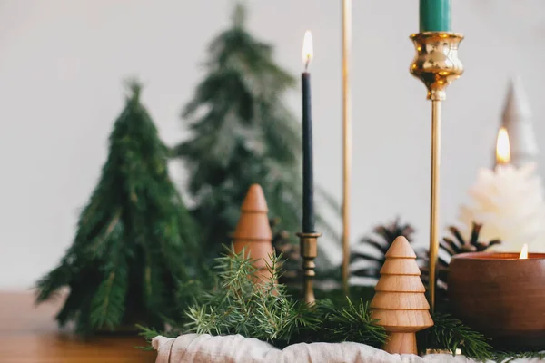 Christmas Trees Candles Pine Cones Rustic Fabric Wooden Table Festive — Stock Photo, Image