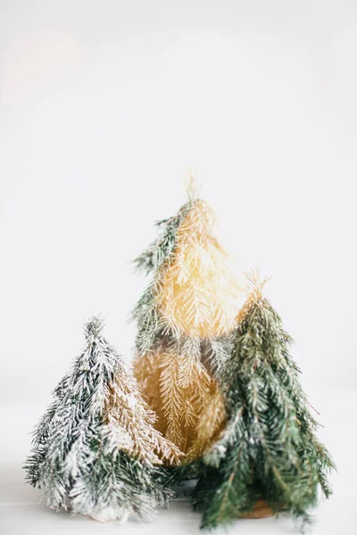 Zimní Kouzelný Les Slavnostní Moderní Dekor Vánoční Stromky Zlatá Světla — Stock fotografie
