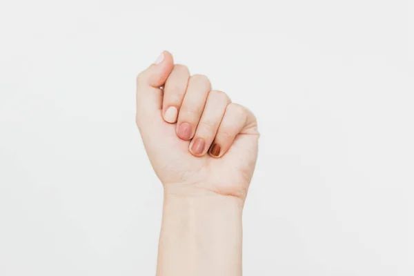 Puño Femenino Protestando Sobre Fondo Blanco Mano Femenina Levantada Con — Foto de Stock