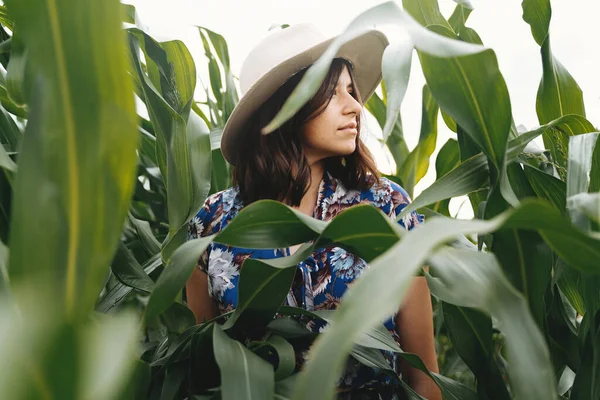 Stylish Young Woman Blue Vintage Dress Hat Posing Green Corn — Stock Photo, Image