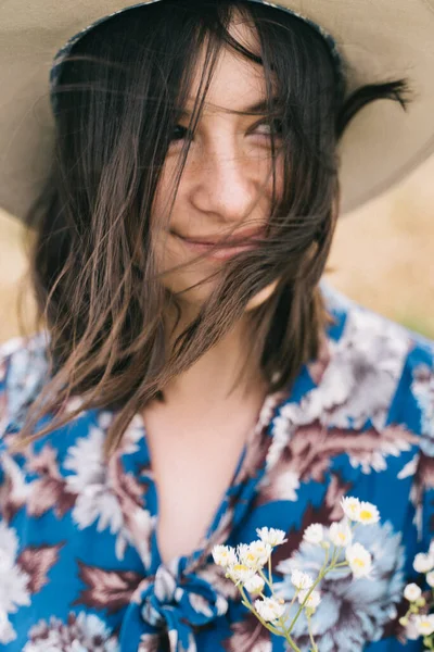 Sensual Portrait Beautiful Girl Windy Hair Calm Young Woman Blue — Stock Photo, Image