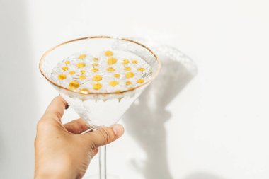 Beyaz arka planda papatya çiçekleri olan şık bir şarap kadehiyle el ele tutuşmak. Yumuşak çiçekli estetik. Yaratıcı yaz imajı. Bohem havası.