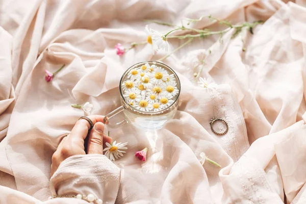 Hand Holding Glass Cup Daisy Flowers Water Background Soft Beige — Stock Photo, Image