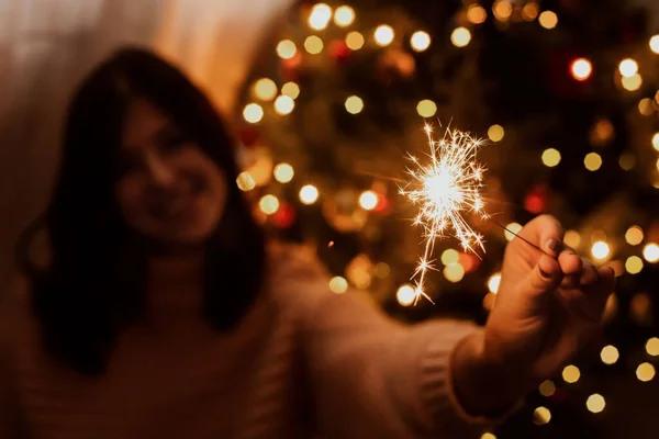 Happy Woman Holding Firework Christmas Tree Golden Lights Stylish Girl — Stock Photo, Image