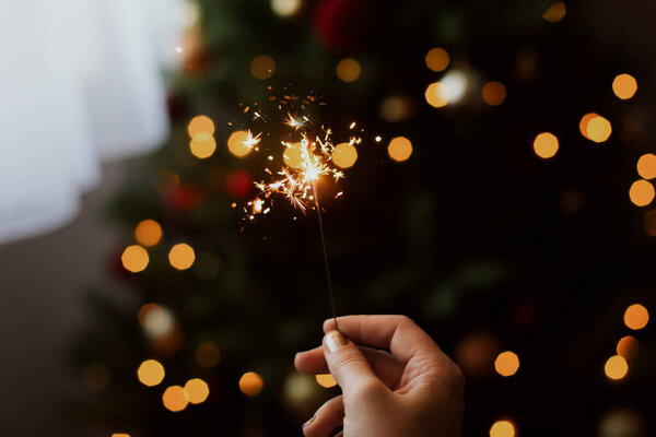 Burning sparkler in hand on background of golden bokeh lights in festive dark room. Hand holding firework at christmas tree with golden illumination. Happy New Year.