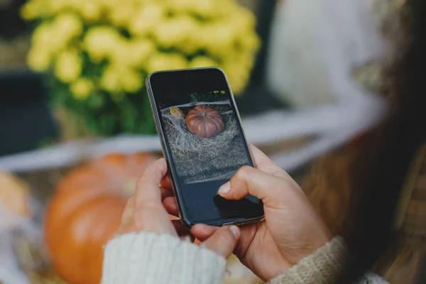 Junge Frau Fotografiert Kürbisse Und Herbstblumen Mädchen Fotografieren Telefon Rustikale — Stockfoto