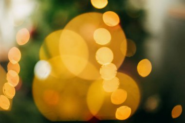 Noel ağacı ve altın ışıkların bulanık görüntüsü. Sarı ışıklandırma bokeh yeşil zemin üzerinde. Mutlu Noeller ve mutlu tatiller. Soyut Noel arkaplanı.
