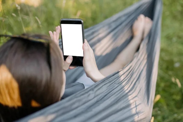 Young Woman Chilling Hammock Holding Phone Empty Screen Girl Phone — Stock Photo, Image