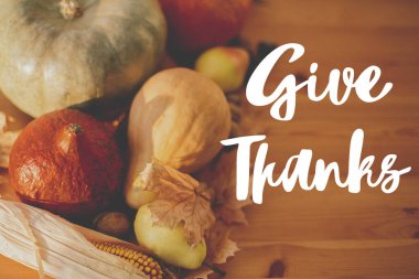 Şükran Günü tebrik kartın kutlu olsun. Kabakların, sonbahar yapraklarının, fındıkların, sebzelerin kırsal ahşap masadaki hasadı üzerine teşekkür metni.