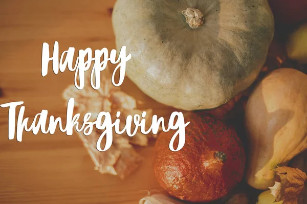 Šťastné Přání Díkůvzdání Ručně Psaný Happy Thanksgiving Text Pozadí Dýní — Stock fotografie