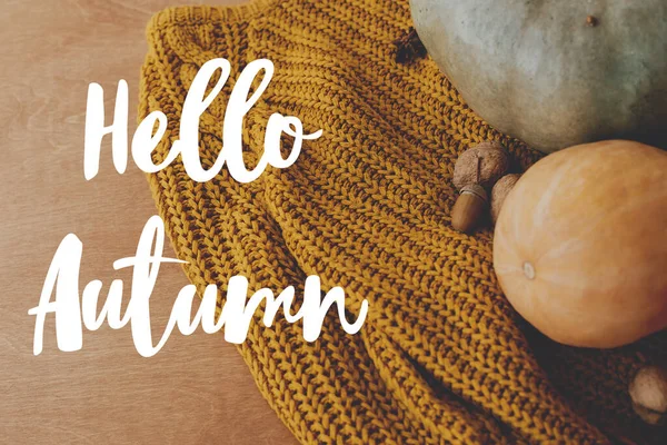 Hello Autumn Hand Written Text Background Pumpkin Autumn Leaves Acorns — Stock Photo, Image