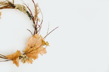 Beyaz duvarda el yapımı sonbahar çelengi. Sonbahar yaprakları, dallar ve çiçeklerden yapılmış kırsal mevsimlik çelenkler. Merhaba sonbahar ve Şükran Günü dekorasyonunuz kutlu olsun.