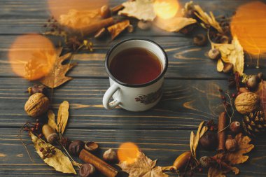 Merhaba sonbahar! Kırsal sonbahar görüntüsü. Yapraklardan, meyvelerden, meşe palamudlarından ve koyu ahşap arka planda koyu renkli çam kozalaklarından yapılmış çay ve sonbahar çelenkleriyle klasik metal bardak..