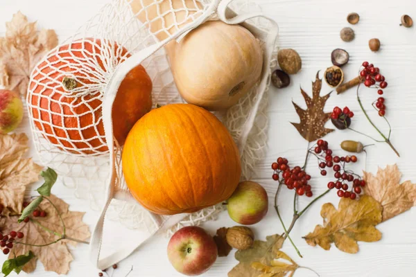 Beyaz ahşap arka planda balkabakları, elmalar, böğürtlenler, fındıklar ve sonbahar yapraklarıyla yeniden kullanılabilir alışveriş torbası. Çevre dostu Şükran Günü, düz yatış. Sıfır kayıp bayram, sonbahar hasat