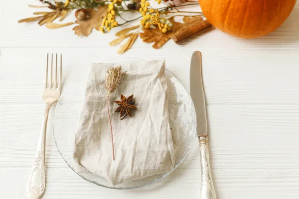 Eco Friendly Thanksgiving Feast Stylish Plate Cutlery Linen Napkin Anise — Stock Photo, Image