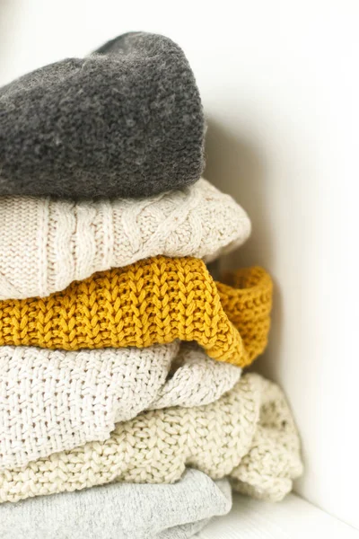 Cozy Knitted Sweater Stack Cold Autumn Weather White Background Stylish — Stock Photo, Image