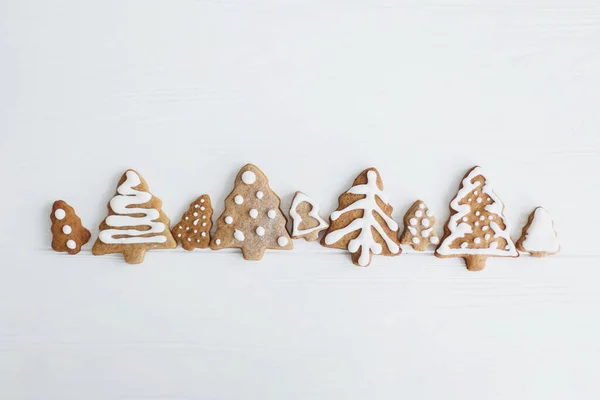 Christmas Gingerbread Cookies White Wooden Background Flat Lay Space Text — Stock Photo, Image