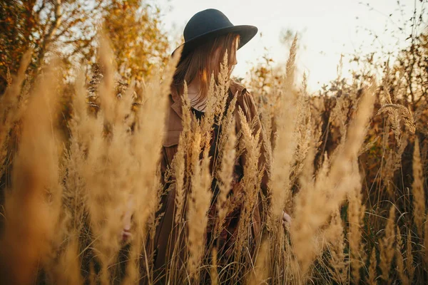 Snygg Boho Kvinna Poserar Bland Gräs Höst Fält Varm Solnedgång — Stockfoto