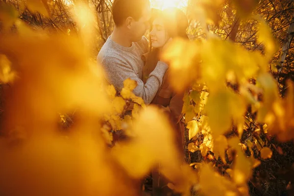 暖かい日没の光の中で黄金の秋の葉の間で受け入れるスタイリッシュなカップル 若いファッショナブルな男性と女性が優しく秋の木に抱きつく ロマンチックな官能的な瞬間 — ストック写真