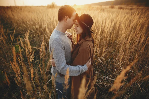 Stilvolles Sinnliches Paar Das Sich Warmen Sonnenuntergang Herbstfeld Umarmt Junge — Stockfoto