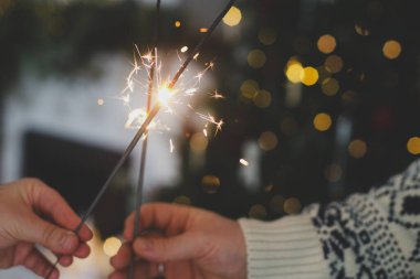 Mutlu yıllar! Süslü Noel ağacının ve şöminenin arka planında altın ışıklarla yanan maytaplar. Ellerinde parlayan havai fişekler, tatil kutlamaları
