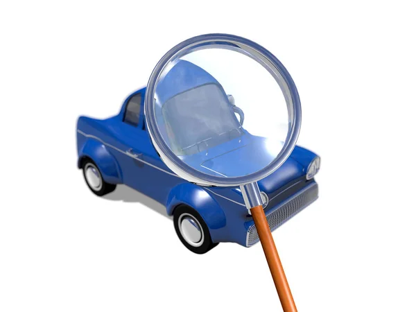 Eski model araba, 3D render beyaz arka plan üzerinde büyüteç altında hangi ön büyütülmüş