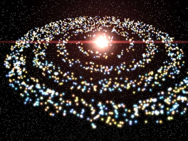 stilize bir sarmal gökada parlayan parlayan yıldızlar ve merkezi güneş ile görüntünün 3B oluşturma