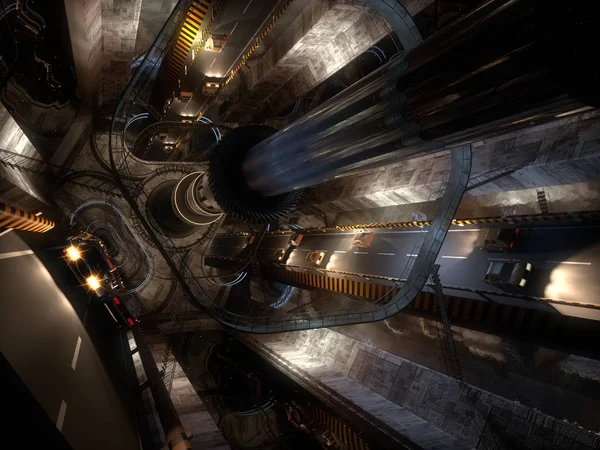 60 derece ve hafif araç trafik, açılı üç otoyollarına fütüristik yolu tüneli 3D render uzayda inşa