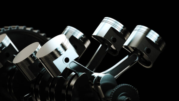 3d illustration of engine. Motor parts as crankshaft, pistons, gears