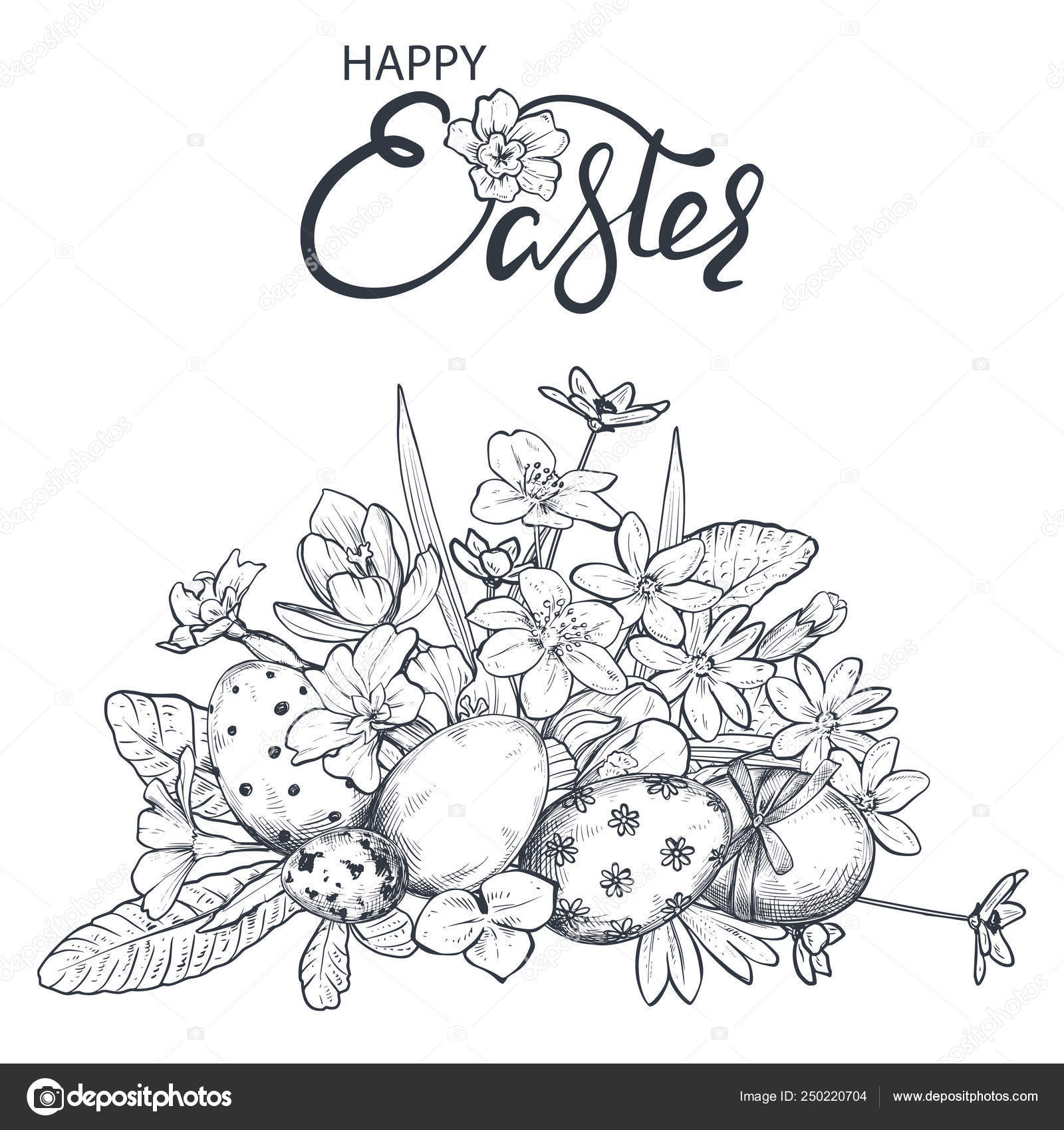 手描き華やかなイースターエッグと春の花のベクトル イラスト ストックベクター C Natality