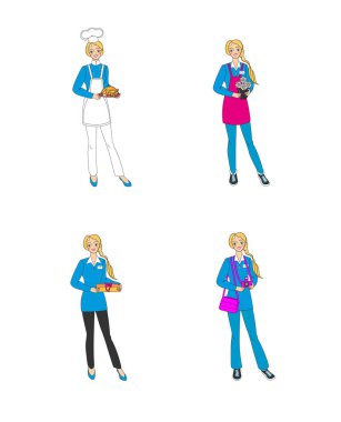 Bir kızın farklı profesyonel formu 4 resim kümesi: bir aşçı, bir çiçekçi, bir satıcı, bir foto muhabiri.