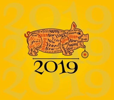 Siluet turuncu domuz yazıtları boyunca dağılımı üzerinde sarı bir arka plan ile. Yeni yıl tebrik.