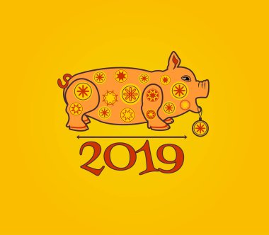 Komik turuncu domuz, Noel topları, kar taneleri, sarı bir arka plan üzerinde görüntüleri ile dekore edilmiştir. Yeni yıl tebrik. 