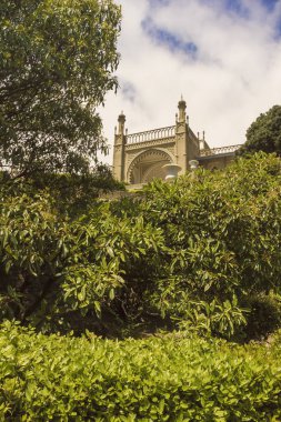 Vorontsov Palace.Crimea parkta bahar yeşil yaprakları ile yemyeşil ağaçlar ve çalılar.
