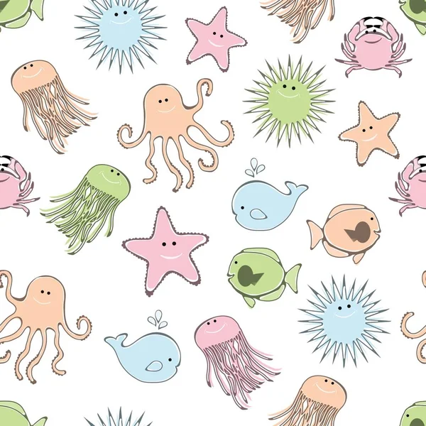 Patrón sin costura con animales marinos brillantes — Vector de stock