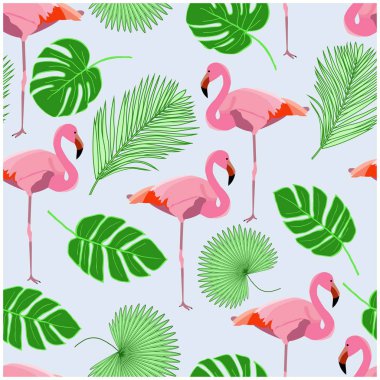 Pembe flamingolar ve avuç içi yaprakları ile tropikal dikişsiz desen