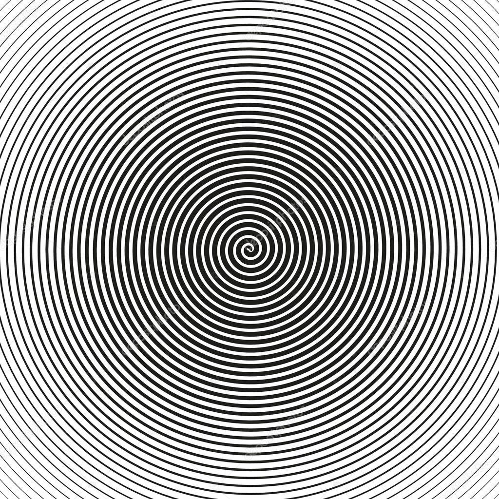 Black and white geometric pattern. Abstract background. Vector illustration. Monochrome texture. Concentric Lines. Spiral. Volute. Hypnosis Circular Rotating Background.