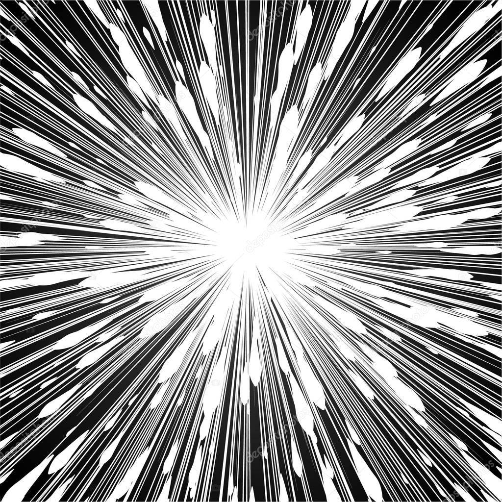 Light rays. Comic book black and white radial lines background. Rectangle fight stamp for card. Manga or anime speed graphic. Explosion vector illustration. Sun ray or star burst element