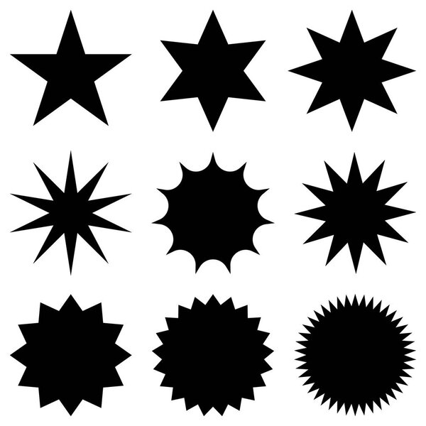 Collection of trendy retro stars shapes.Sunburst design elements set. Bursting rays clip art. Red sparkles. Best for sale sticker, price label, quality sign. Isolated on white.
