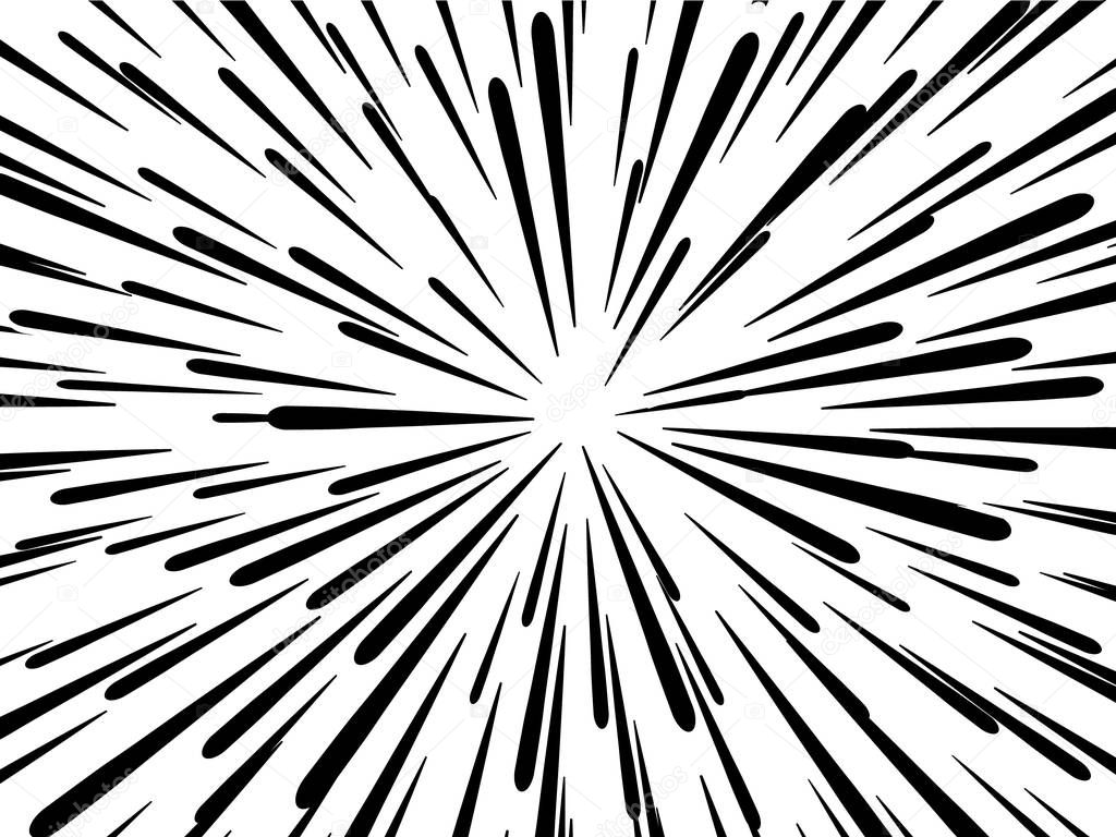 Light rays. Comic book black and white radial lines background. Rectangle fight stamp for card. Manga or anime speed graphic. Explosion vector illustration. Sun ray or star burst element