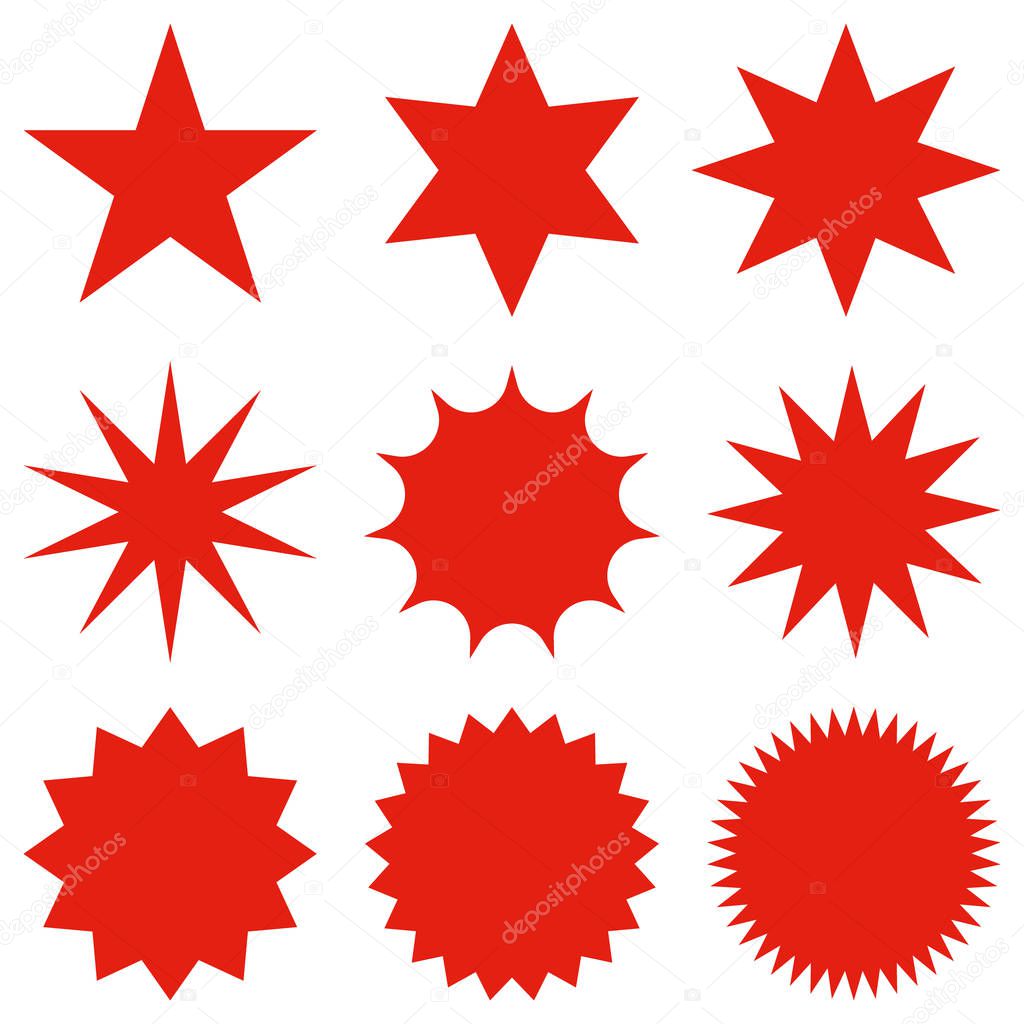 Collection of trendy retro stars shapes. Sunburst design elements set. Bursting rays clip art. Red sparkles. Best for sale sticker, price label, quality sign. Isolated on white.