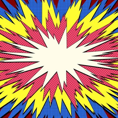 Patlama vektör çizimi. Noktalı Retro Pop Sanat Konuşma Balonu. Çizgi roman dövüş damgası. Süper kahraman aksiyon çerçevesi arka planı için. Güneş ışını ya da yıldız patlaması elementi