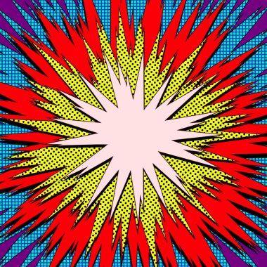 Patlama vektör çizimi. Noktalı Retro Pop Sanat Konuşma Balonu. Çizgi roman dövüş damgası. Süper kahraman aksiyon çerçevesi arka planı için. Güneş ışını ya da yıldız patlaması elementi