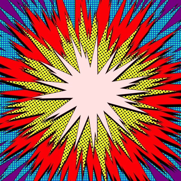 爆発ベクトル図 ドットでレトロなポップアートのスピーチバブル コミック本カードスーパーヒーローアクションフレームの背景のための戦いスタンプ 太陽光線又は星バースト素子 — ストックベクタ